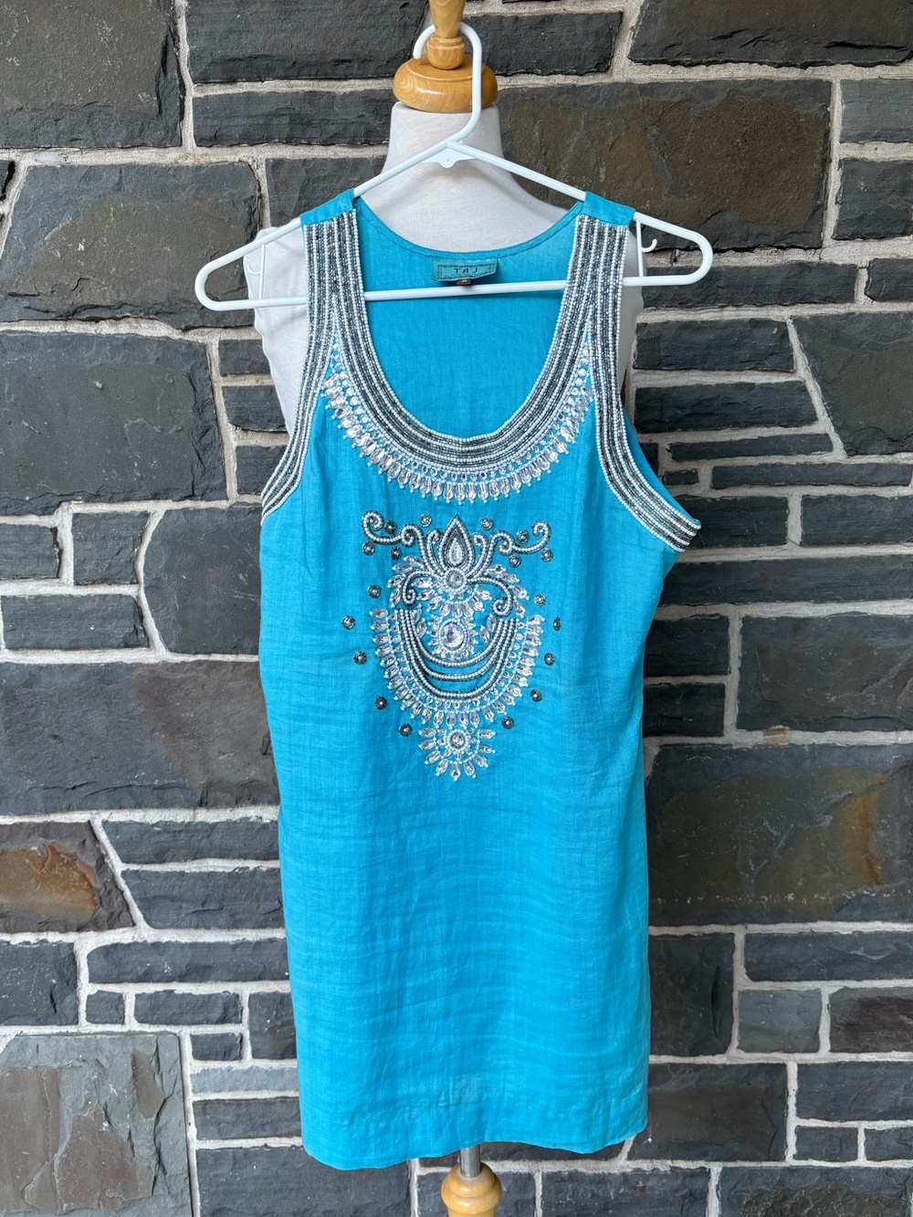 Embellished Turquoise Sleeveless Linen Dress - Brand: